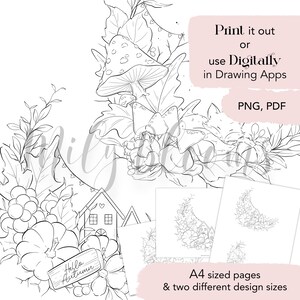 May include: Black and white line art digital download with autumn-themed illustrations. The image includes mushrooms, leaves, pumpkins, and a small house. Text on the image reads "Print it out or use Digitally in Drawing Apps" and "Hello Autumn". Also includes A4 sized pages and two different design sizes.