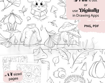Puede incluir: Una página para colorear en blanco y negro con una variedad de ilustraciones de temática otoñal, que incluyen un ratón con una bufanda, un erizo, setas, hojas y una calabaza. La página está etiquetada como "Páginas de tamaño A1" e incluye el texto "Imprime o usa digitalmente en aplicaciones de dibujo PNG, PDF".