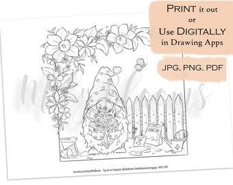 Gnome Coloring Page, Spring Flowers, Gardening Scene (Digital Download)