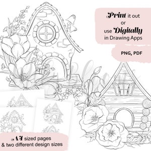 May include: Two black and white line art illustrations of whimsical houses with flowers. The first house is made of brick with a pointed roof and a window. The second house is made of logs with a triangular roof and a window. Both houses are surrounded by flowers.