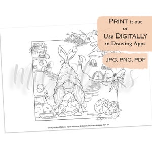 May include: A black and white line art colouring page featuring a gnome holding an Easter egg in front of a teapot house. The gnome is wearing a dotted hat with bunny ears. The image includes the text "PRINT it out or Use DIGITALLY in Drawing Apps JPG, PNG, PDF".