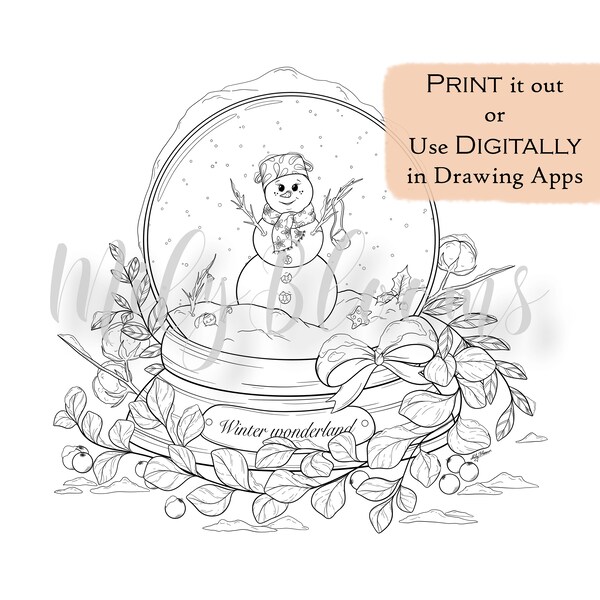 PRINTABLE & DIGITAL Adults Coloring Page, Winter Snow Globe Digistamp with and without Background, jpg, png, pdf files