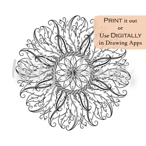 PRINTABLE and DIGITAL Coloring Page for Adults, Feather Mandala Illustration with and without Background