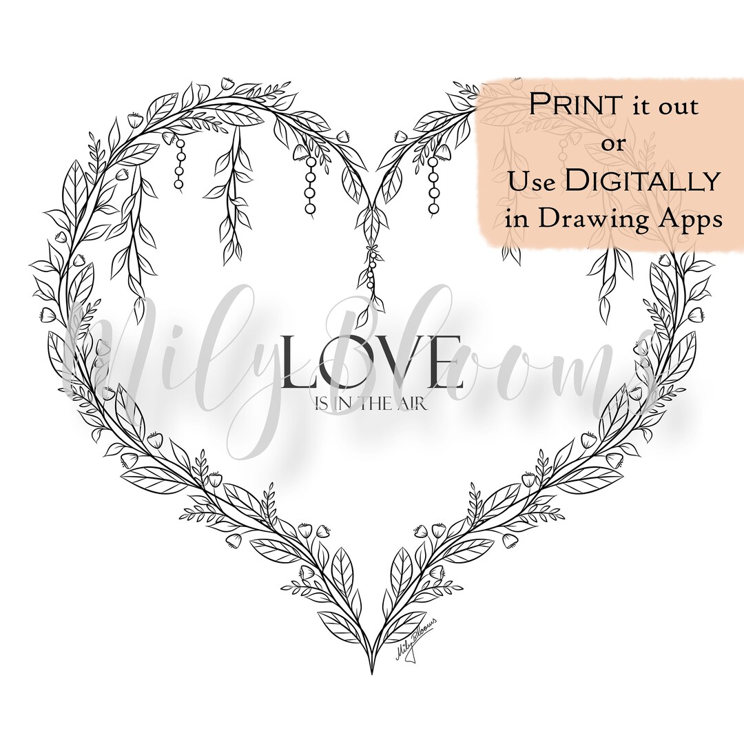PRINTABLE and DIGITAL Floralheartwreath Coloring Page for Adults