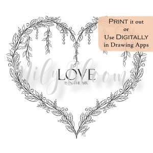PRINTABLE and DIGITAL Floral-Heart-Wreath Coloring Page for Adults, with and without Background
