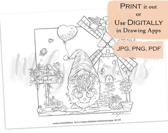Gnome with Tulips Coloring Page, Cozy Spring Windmill (Digital Download)