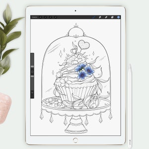 May include: A black and white line drawing of a cupcake with blue flowers on top, under a glass dome, on a cake stand with a decorative base. The cupcake is decorated with swirls and leaves.