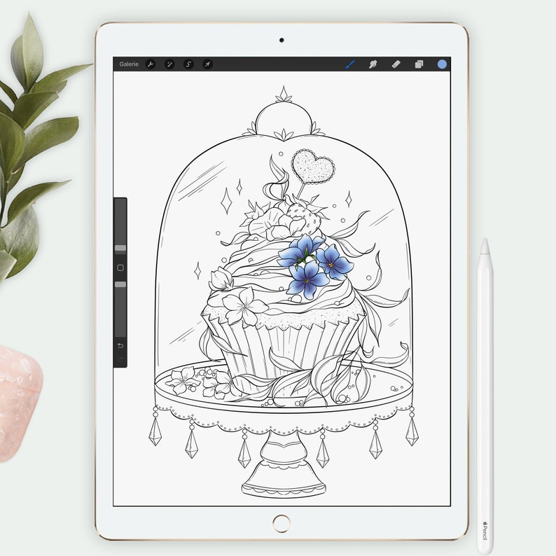 May include: A black and white line drawing of a cupcake with blue flowers on top, under a glass dome, on a cake stand with a decorative base. The cupcake is decorated with swirls and leaves.