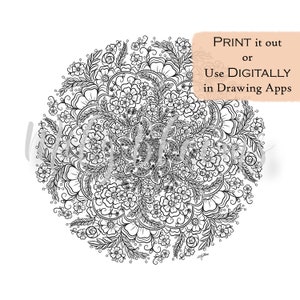 Op de afbeelding: Zwart-witte ingewikkelde mandala-ontwerp met een cirkelvormig patroon van bloemen, bladeren en spiralen.  DRUK het af of gebruik het DIGITAAL in tekenapps.