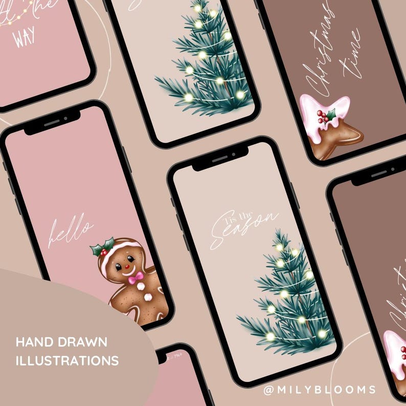 May include: A set of six phone wallpapers featuring Christmas-themed illustrations. The illustrations include a gingerbread man, a Christmas tree with lights, and the text "It's the Season", "Christmas Time", and "Hello".