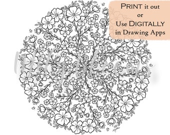 PRINTABLE and DIGITAL Floral Mandala, Botanical Coloring Page for Adults with and without Background