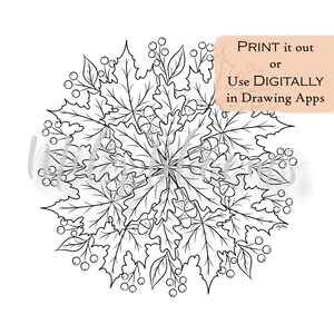 May include: Black and white line art illustration of a mandala design featuring leaves, berries, and acorns.  PRINT it out or Use DIGITALLY in Drawing Apps.