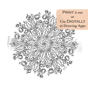 Op de afbeelding: Zwart-witte lijntekening van een bloemmandala met bladeren en bloemen. De tekst "PRINT it out or Use DIGITALLY in Drawing Apps" staat in de rechterbovenhoek van de afbeelding.