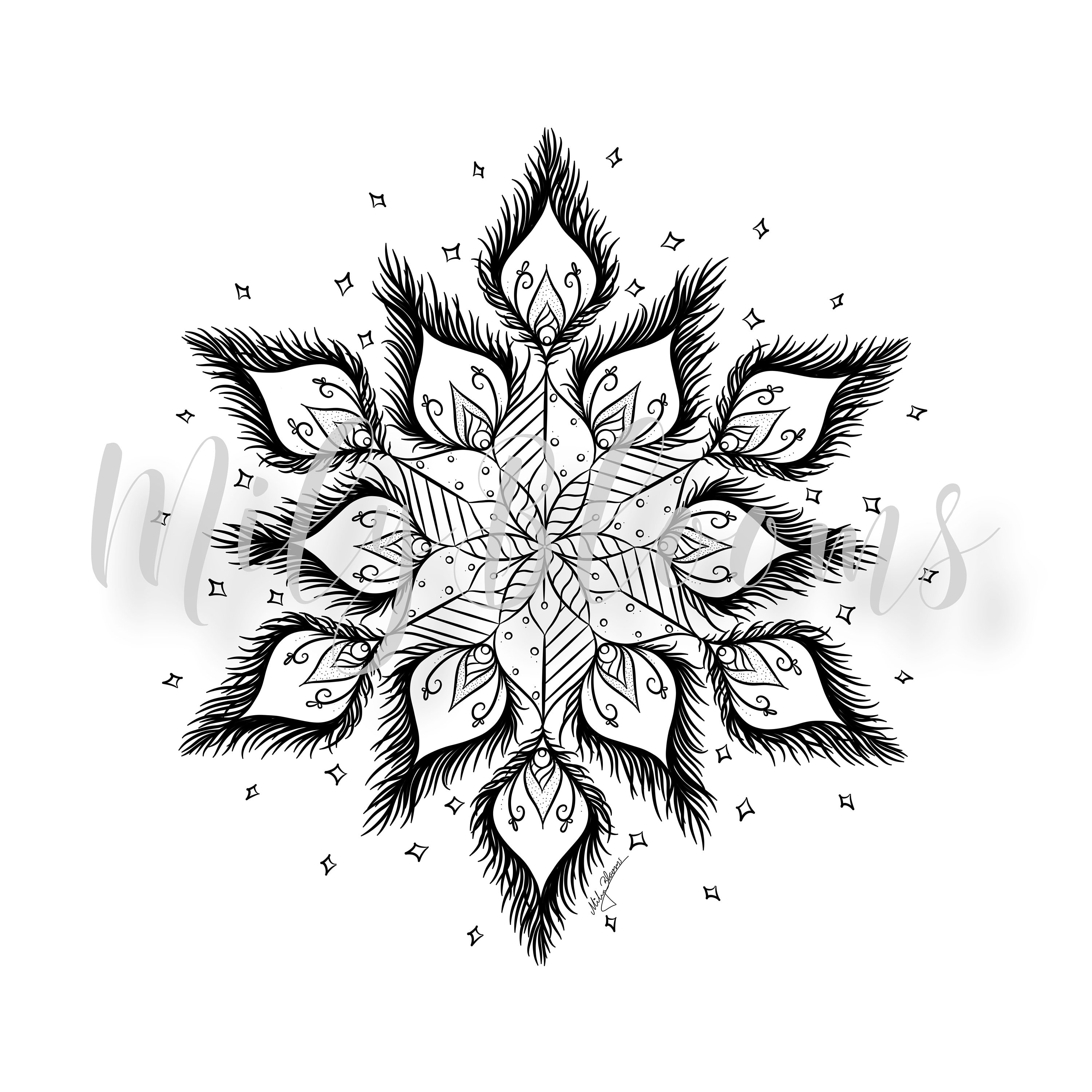 Printable Peacock feather Mandala, Hand Drawn Coloring Page for adults JPG,  PNG, PDF files