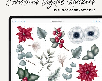 Christmas Botanical Stickers: Digital Planner Stickers, Goodnotes (PNG + Precropped File)