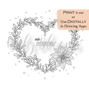 PRINTABLE & DIGITAL Adults Coloring Page, Holiday Winter Floral Wreath with and without Background, jpg, png, pdf files