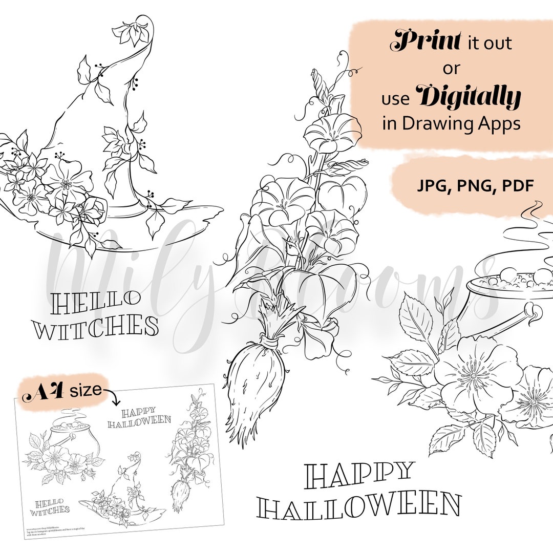 PRINTABLE and DIGITAL Adults Coloring Page Floral Halloween - Etsy