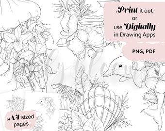 Dibujos para colorear florales náuticos: Animales marinos de verano (imprimibles y digitales)