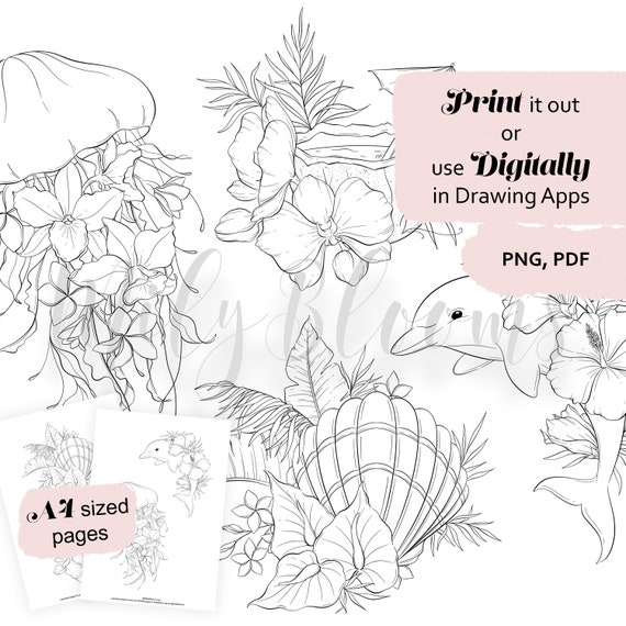 Floral Nautical Coloring Pages: Summer Sea Animals (Printable & Digital)
