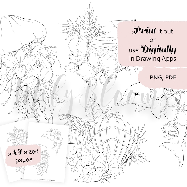 Summer, tropical and floral sea animals printable coloring pages for adults