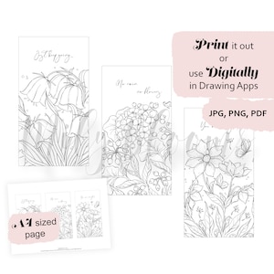 Set of 3 floral coloring bookmarks, spring motivational bookmark bundle, JPG, PNG, PDF files for printable and digital coloring