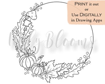 PRINTABLE and DIGITAL Adults Coloring Page, Autumn Pumpkin Wreath with and without Background