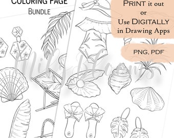 Página para colorear de verano tropical: pequeñas ilustraciones (imprimibles y digitales)