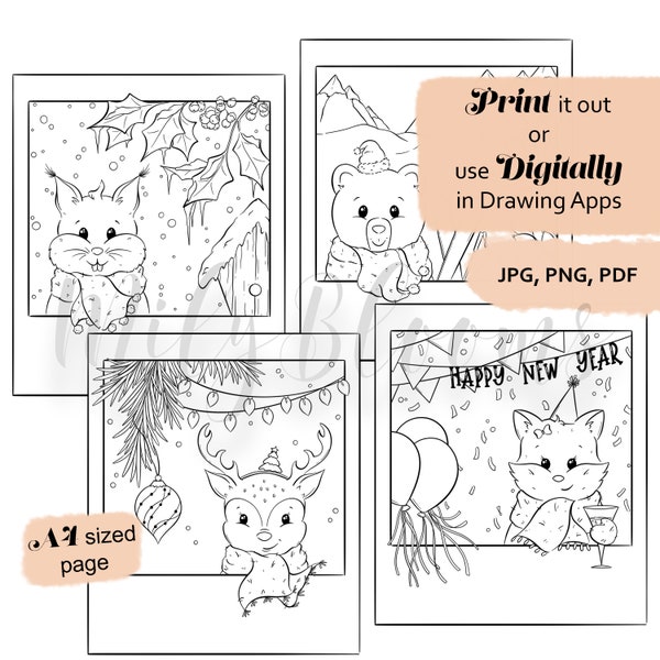 PRINTABLE and DIGITAL coloring page for adults, winter landscape, cute animals, christmas, instax photo, print at home colouring sheet A4