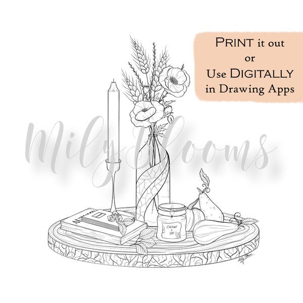 PRINTABLE & DIGITAL Coloring Page for Adults, Autumn/ Fall Still-Life, Digistamp with and without Background, jpg, png, pdf files