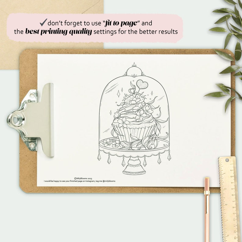 May include: A black and white line art illustration of a cupcake under a glass dome. The cupcake is decorated with flowers and a heart. The dome is decorated with small diamonds.