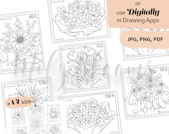 Può includere: Francobolli floreali in bianco e nero provenienti da paesi come Francia e Germania, con illustrazioni dettagliate di fiori e valori monetari. Il testo sull'immagine recita "Print it out or use Digitally in Drawing Apps".