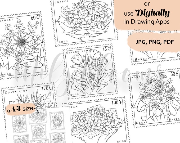 Floral Postage Stamps Coloring Page: Vintage Flower Bouquets (printable ...