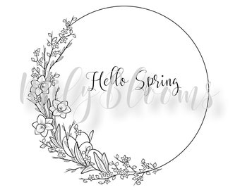 Printable Spring Themed Floral Wreath Coloring Page for Adults, JPG, PNG, PDF files
