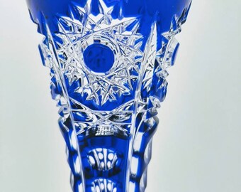 アルンシュタットクリスタル　切子花瓶　ドイツ製　コバルトブルー Gorgeous German Arnstadt Blue Cut to Clear Crystal Bud Vase