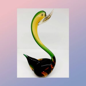 Vintage Murano Seguso 1960&#39;s Green Amber Art Glass Swan Figurine