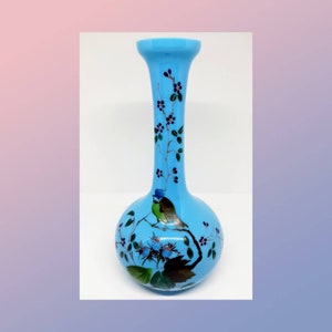 Beautiful Antique Blue Opaline Hand Painted Glass Vase.