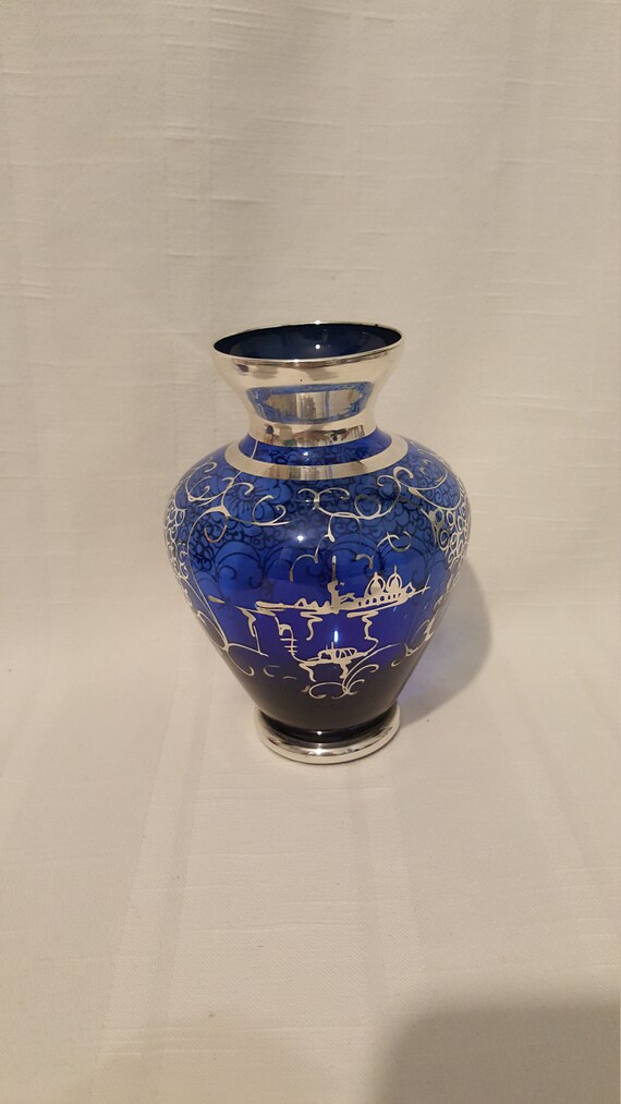 Vintage Venetian Murano Cobalt Blue Silver Overlay Glass Vase il 570xN cmpj