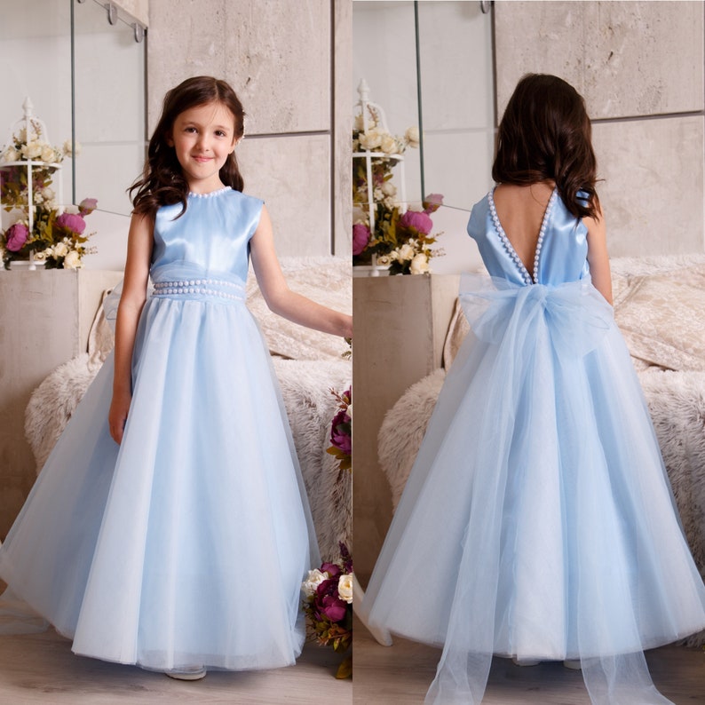 Blue Flower Girl Dress Satin Junior Bridesmaid Dress Party Etsy