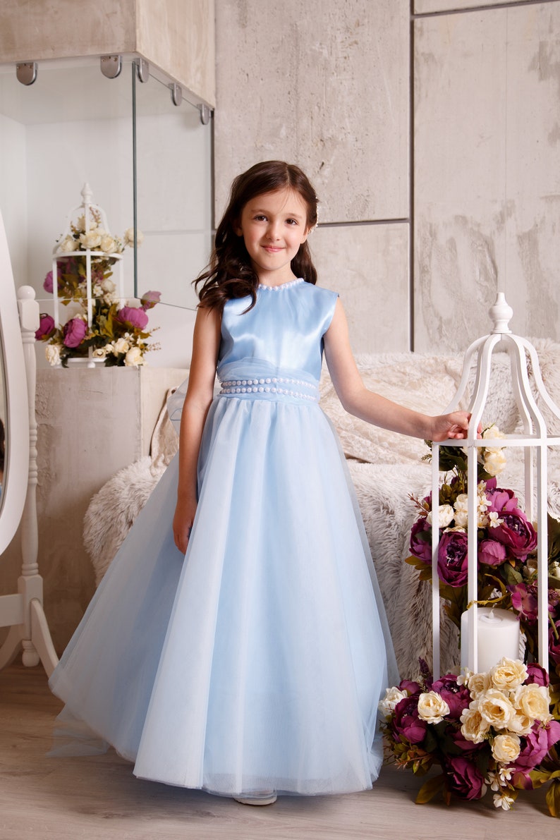 Sky Blue Flower Girl Dress Classic Satin and Tulle Junior Etsy