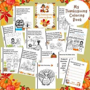 My Thanksgiving Coloring Book, 8 Coloring Pages About the First Thanksgiving, 1 Drawing Page, 1 Color the Turkey Page, 1 Bible Verse Page image 1