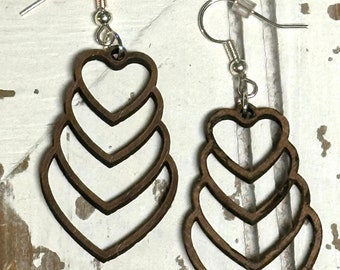 Tier Heart Earrings, Wooden Earrings, Anniversary Gift, Valentine's Day Gift, Rustic Tiered Hearts