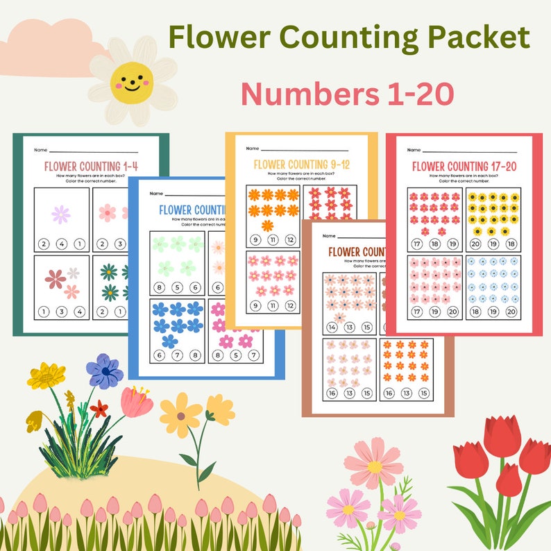 Flower Counting Activity, Numbers 1-20