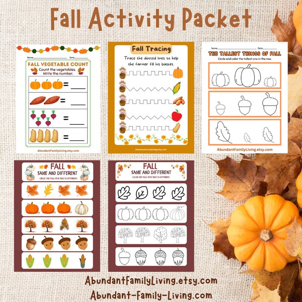 Fall Activity Packet for Young Children, Counting, Tallest Item, Tracing, Same/Different, Coloring, Small Motor Practice, 5 Fall Worksheets