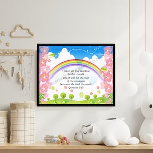 May include: A framed print featuring a colorful rainbow, clouds, and floral accents. The text reads, "I have set my rainbow in the clouds and it will be the sign of the covenant between Me and the earth. Genesis 9:13." The artwork has a whimsical, children's theme.