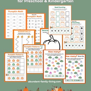 Puede incluir: Un conjunto de hojas de trabajo con temática otoñal para preescolares y niños de jardín de infancia. Las hojas de trabajo incluyen matemáticas de calabaza, habilidades con tijeras y actividades de reconocimiento de patrones. La paleta de colores presenta naranja, verde y blanco.