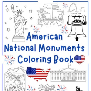 以下が含まれることがあります： 自由の女神や国会議事堂など、アメリカのランドマークのイラストが描かれた、白黒の塗り絵本の表紙。「American National Monuments Coloring Book」というタイトルが青色で書かれています。