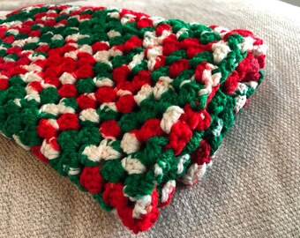 Baby Afghan, Christmas Lovey Blanket, 26in. X 26in., Christmas Baby Afghan, Christmas Baby Blanket, Crochet Baby Blanket, Red, White, Green