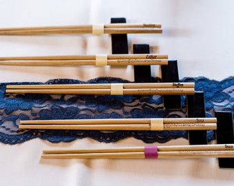 Individually personalized chopsticks for sushi or noodles made from untreated bamboo.