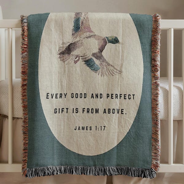 Mallard Duck Woven Blanket, Bible Verse Baby Blanket, Duck Hunting Nursery Decor, Newborn Baby Shower Duck Gift