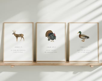PRINTED Boys Hunting Nursery Wall Art, Southern Boy Bedroom Prints, Hunting Bible Verse Art, Deer Turkey Duck, Woodland Baby Shower